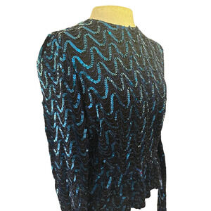 Blue Sequin Peplum Vintage Partique Blouse Small